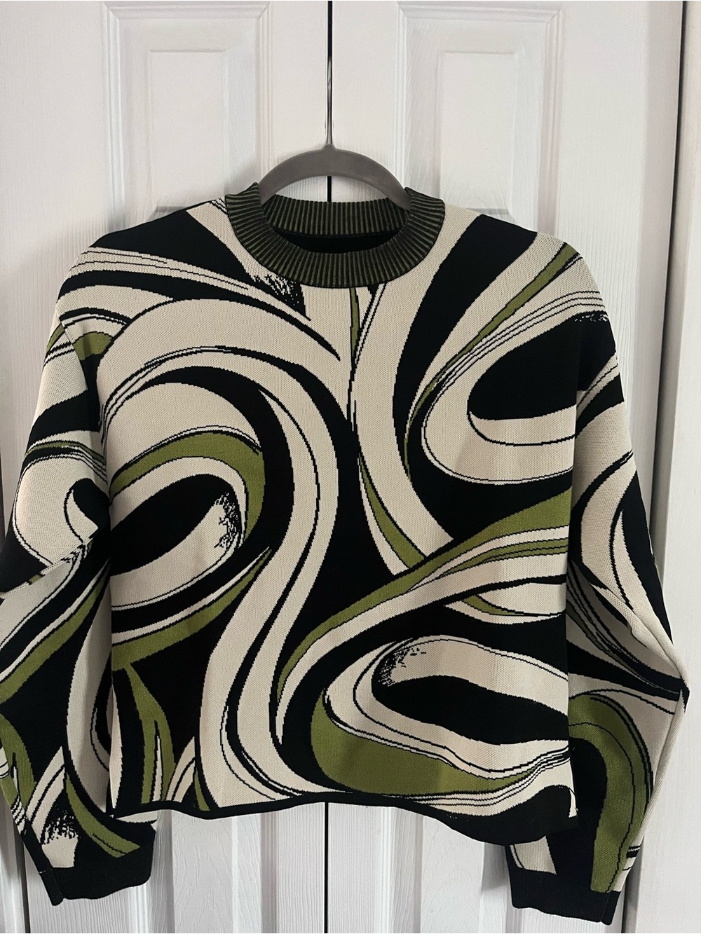 Abstract Swirl Crewneck Sweater - Olive, Black & Cream Sz M